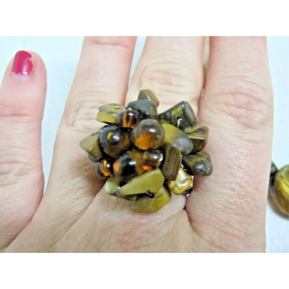 Tiger's Eye Necklace & Ring Set Striped Stone Beaded  Adjustable Ribbon - Picture 6 of 10